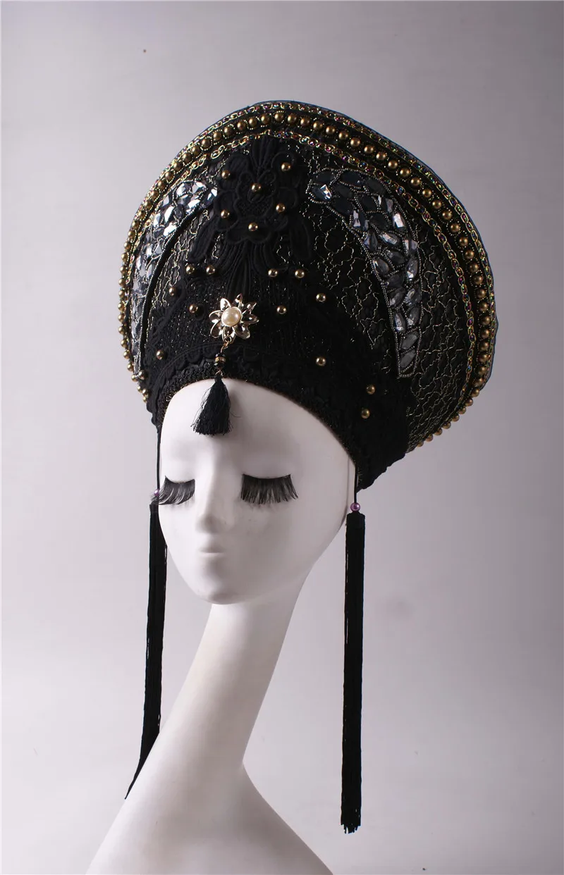 Broderie de dentelle en forme de couronne de diamant exagérée noire avec pompon, coiffure exquise, adaptée au modèle, accessoires de cheveux simples