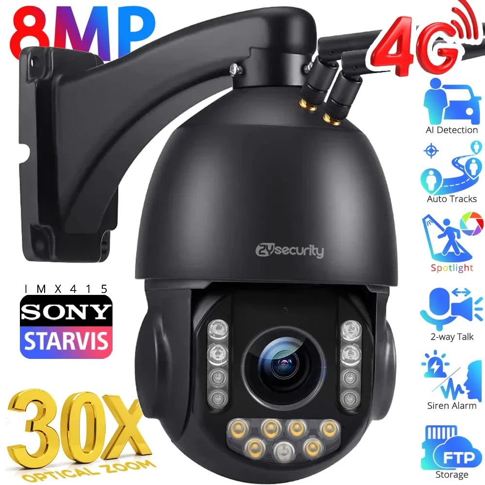 

4K 8MP IP Security Camera Outdoor 4G Sim Card/WIFI 30X Zoom PTZ Human/Car Auto Tracking Auto Zoom Speed Dome Surveillance Camera