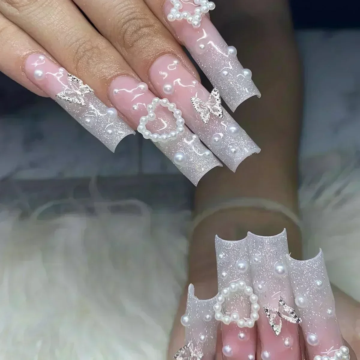 False nails 24Pcs long square press on love pattern design artificial coffin