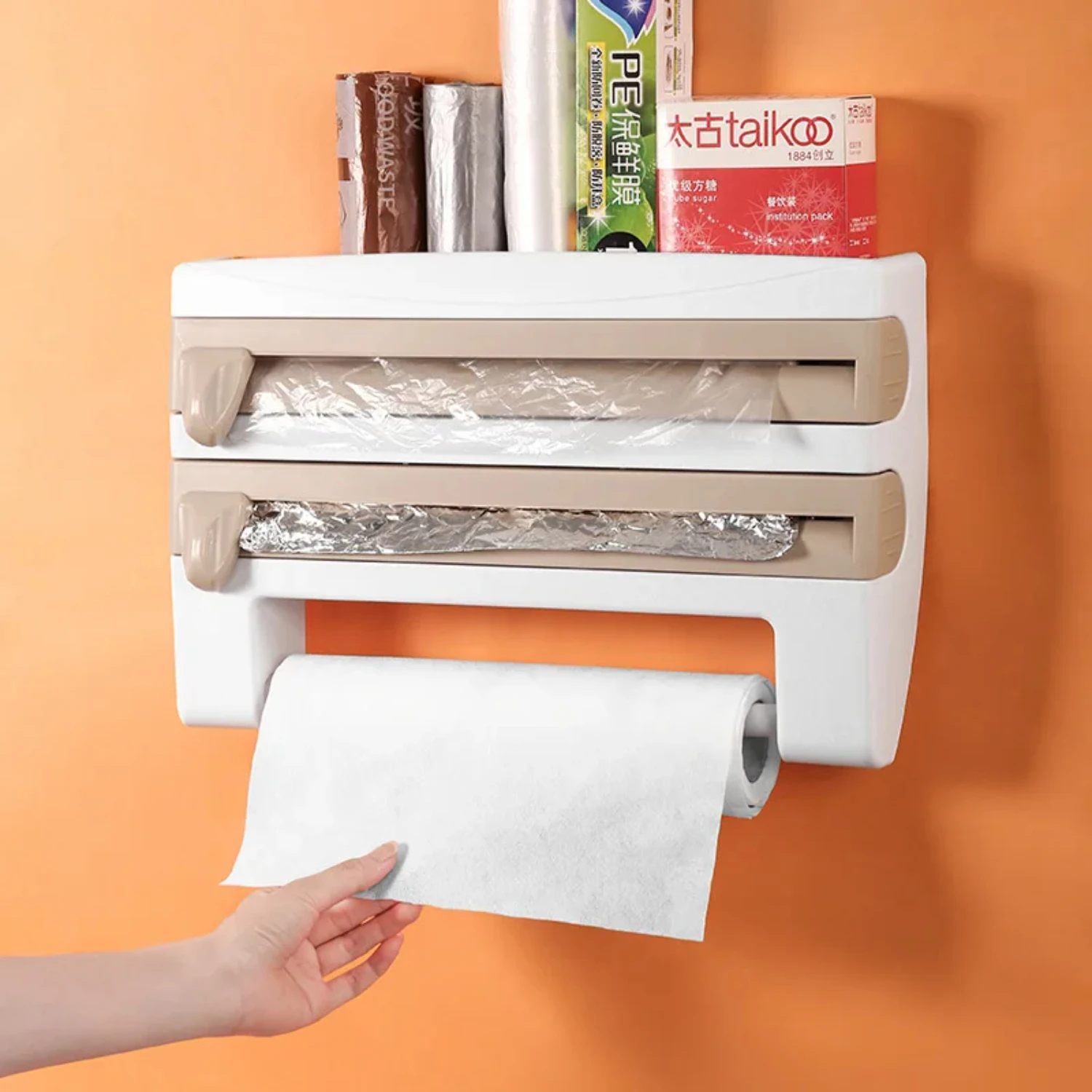 4 in 1 Wall-Mounted Kitchen Cling Film Tin Foil Storage Rack Organizer ...