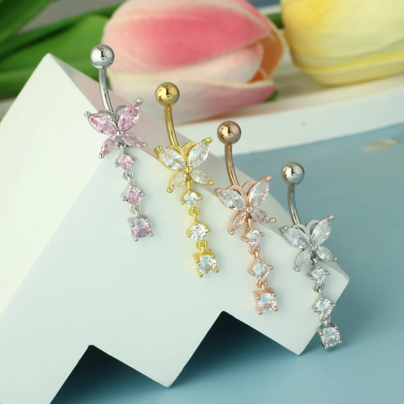 Wholesales 14 Gauges Belly Button Ring Dangling Navel Piercing jewelry Butterfly Dangling Belly Bar Stainless Steel Belly Button
