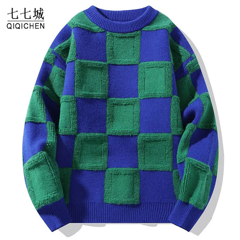 

Autumn Plaid Knitted Sweaters Pullover Men Harajuku Patchwork Casual O-Neck Sweater Korean Oversize Unisex Streetwear Jumpers