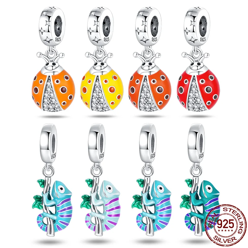

925 Silver Magic Color Ladybug Chameleon Charms Beads Fit Pandora 925 Original Bracelet Fine DIY Birthday Jewelry Gift Hot Sale