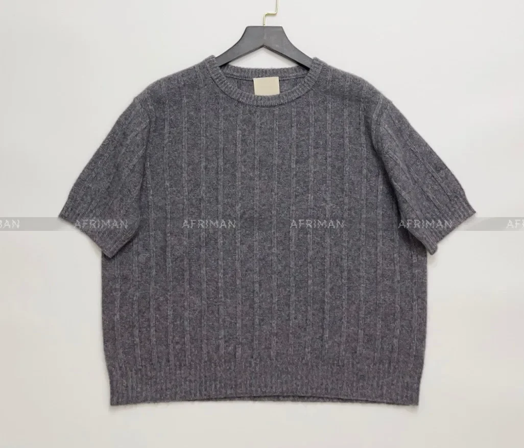 

Women O Neck Short Sleeve Grey Striped Cashmere Wool Sweater Tee