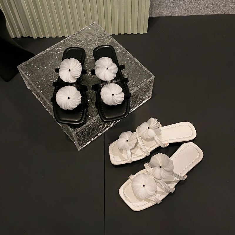 Aphixta Women Flat With Slides White Flower Dec Woman Slippers Summer Beach Square Toe Casual Shoes Woman 2025 Trend Shoes