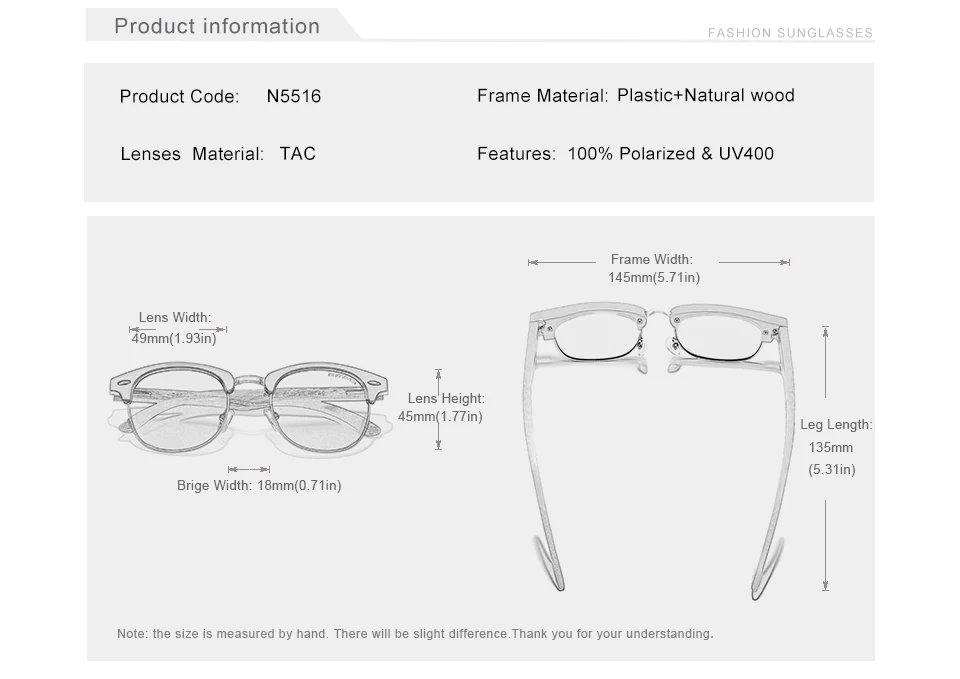 KINGSEVEN Handgefertigte Sonnenbrille aus schwarzem Walnussholz für Herren, polarisiert, UV400-Schutz, halbrandlos, Retro-Brille für Damen zum Fahren – Detail 4