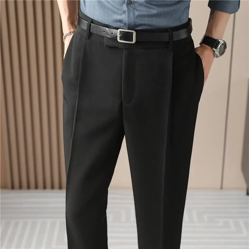 Summer Belt Decoration Casual Pants Men Ankle Length Business Suit Pant Elastic Waistline Straight Trousers Costume Homme