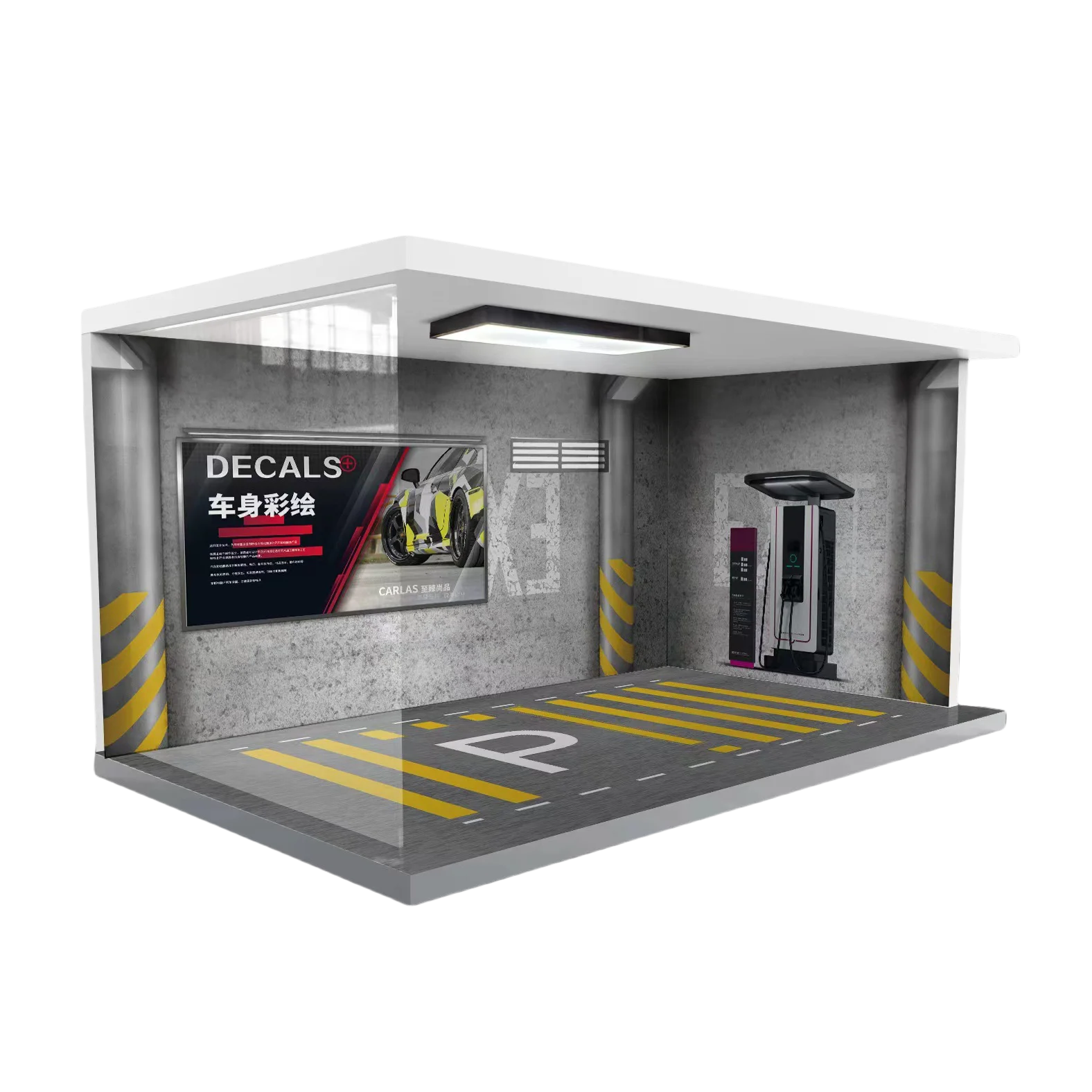 Diorama-Garagen-Vitrine im Maßstab 1:18, LED-Licht-Simulations-Parkplatz-Szenenmodell, staubdichte Ausstellungsbox für die Sammlung von Druckgussautos