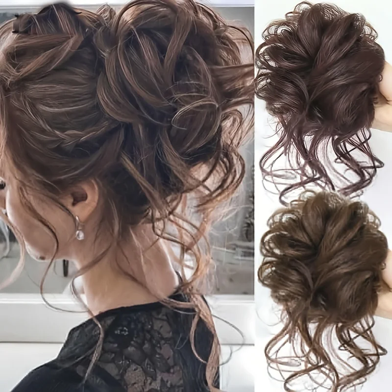 Chignon Elastico Riccio con Riflessi Biondi, Posticci Capelli Sintetici per Donne - immagine 2