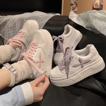 White Leather Platform Sneakers For Women Lace Up Design Round Toe Non Slip Thick Sole Casual Sports Shoes With Embroidery New