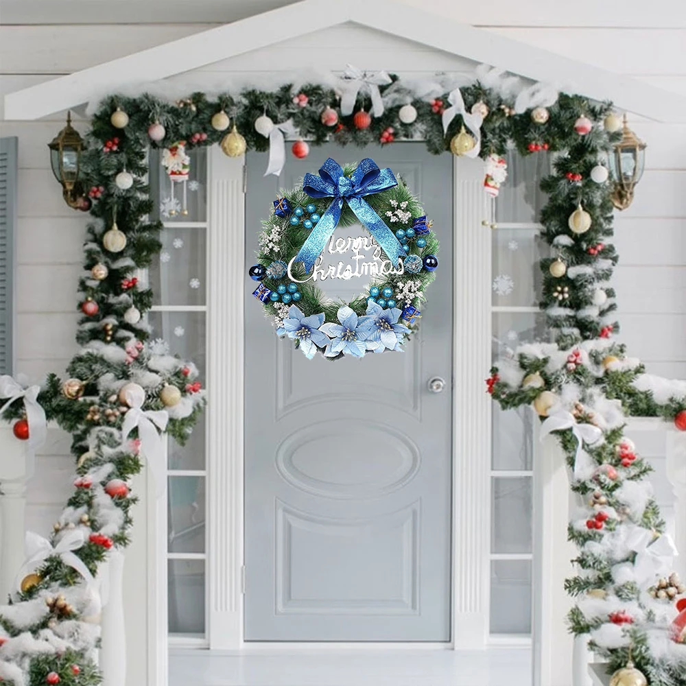Description Picture 4 of itemBlue Christmas Wreaths for Front Door Winter Artificial Christmas Garland Decoration with Bow Flowers Ball for Christmas Decor