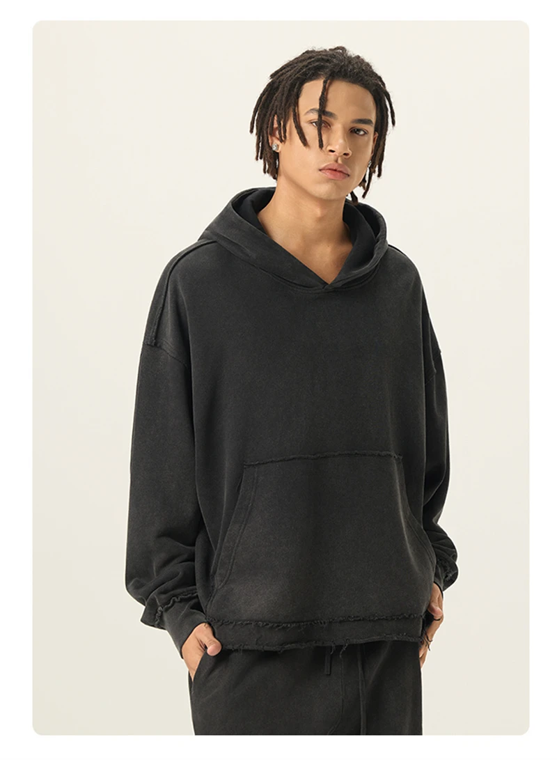 ZODF Retro Winter Men Washed 100% Cotton Boxy Hoodies Unisex Loose Fit Distressed Hooded Pullovers Coats Brand Outfits HY0048