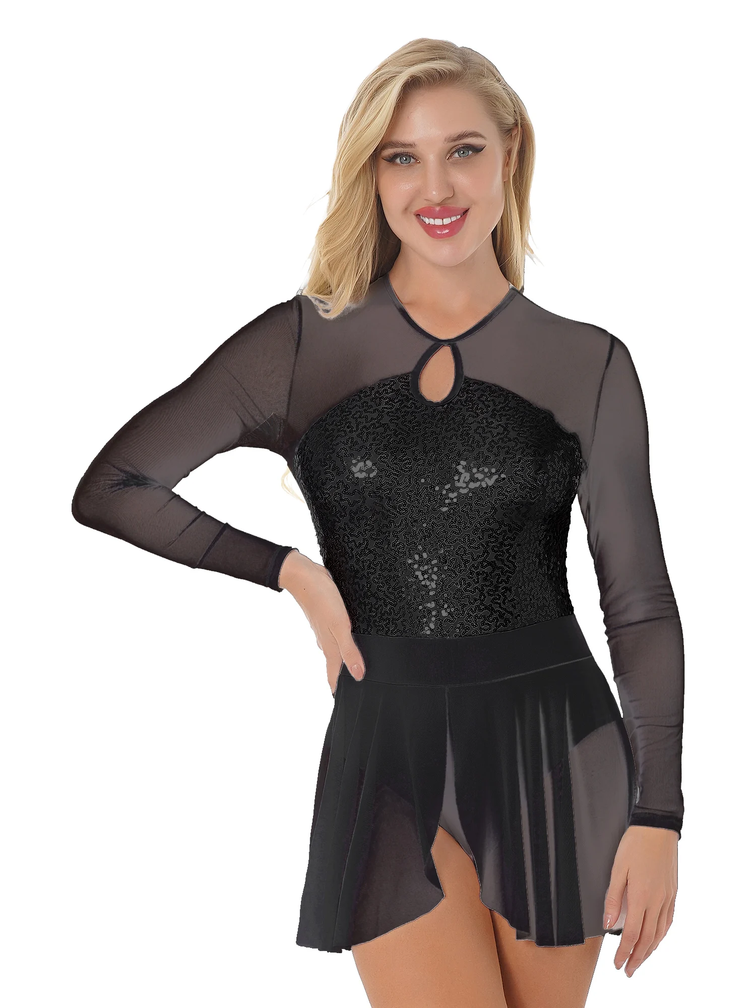 

Women Asymmetrical Hem Figure Skating Dance Dress See-through Mesh Glitter Sequins Split Long Sleeve Dress Dancewear