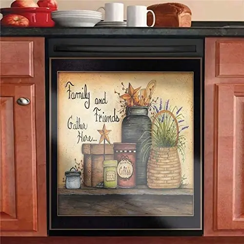 

Country Family Dishwasher Magnet Cover Barn Star Sticker,Kitchen Decor Primitive Folk Art Refrigerator Magnetic Decal Panels,Fri