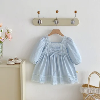 Baby dress, lace-trimmed square neck dress, autumn long-sleeved bow princess dress