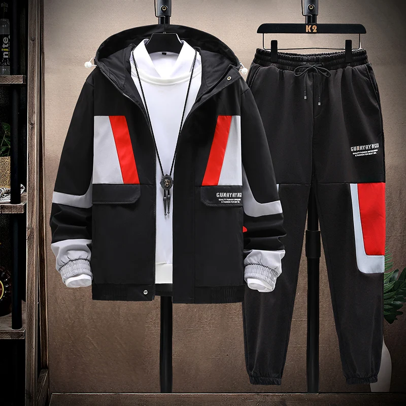 Fashion Spring Autumn Men&s Streetwear Tracksuit Two Piece Set Hip Hop Hooded Jackets And Pants Suits Man Slim Fit C