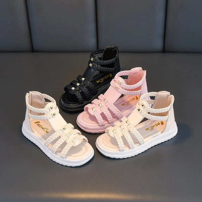 Kids Summer Sandals for Girls 2025 New Versatile Korean Style PU Soft Non-slip Flat Casual Weave Gladiator Sandals Princess Soft