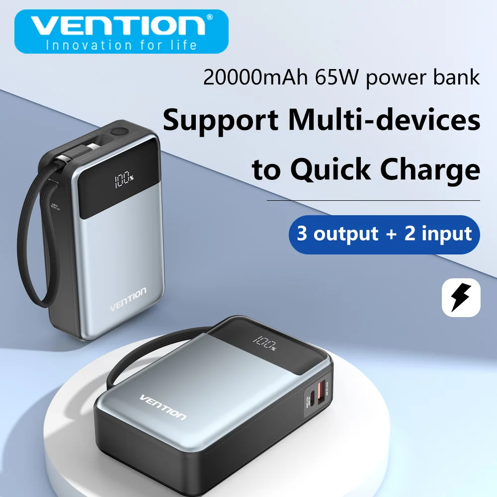 Vention Power Bank 20000mAh 65W PD Fast Charger with Built-in Type-C Cable External Spare Battery Portable Power Bank for Laptop 3