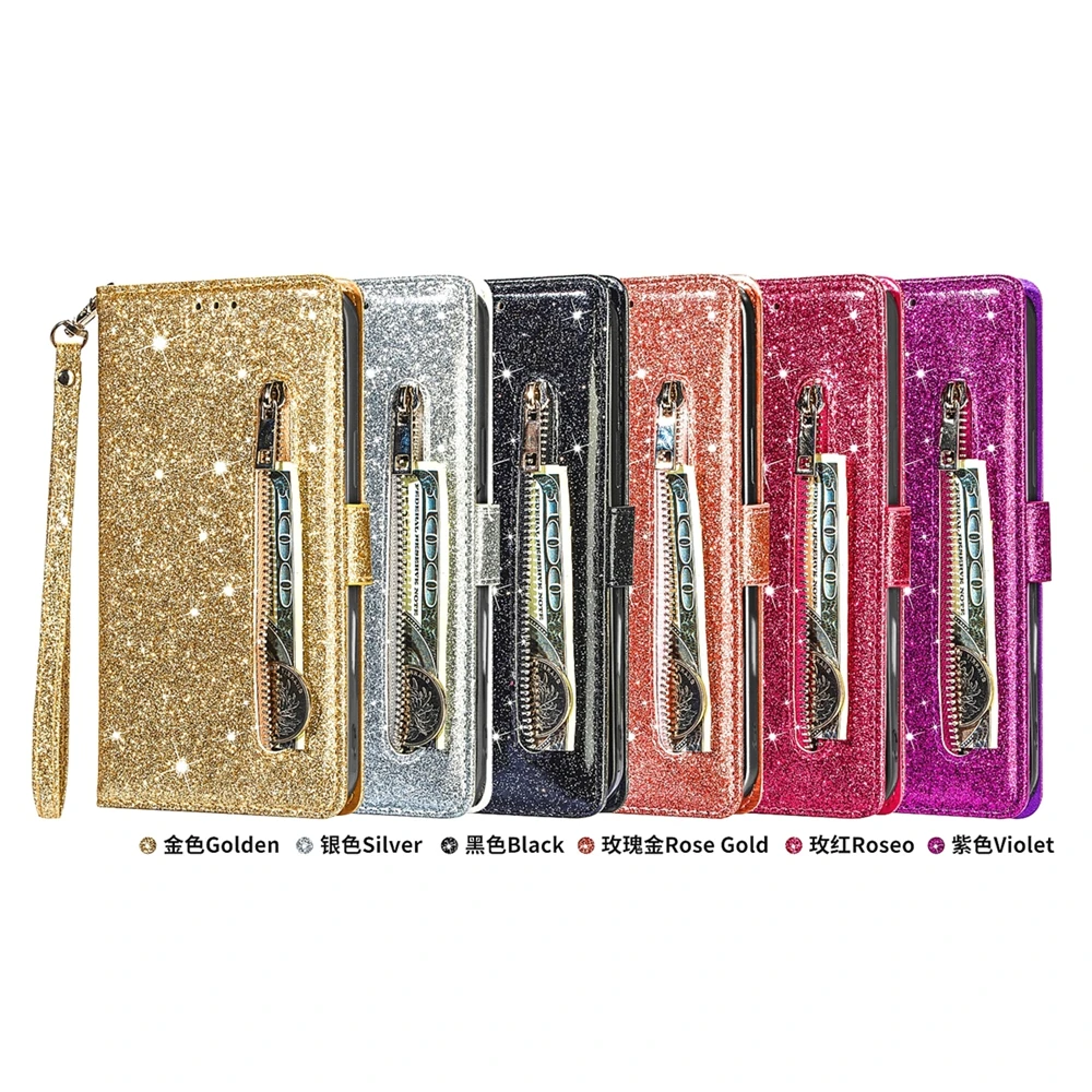 Glitter Wrist Strap Leather Flip Kickstand Wallet Phone Case with Card Holder