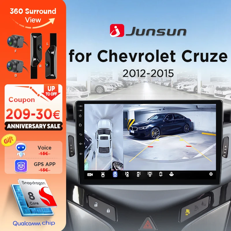 Junsun 360 ° Radio samochodowe z kamerą panoramiczną do Chevrolet Cruze, bezprzewodowy CarPlay, Android Auto, stereo, GPS, nawigacja, RDS