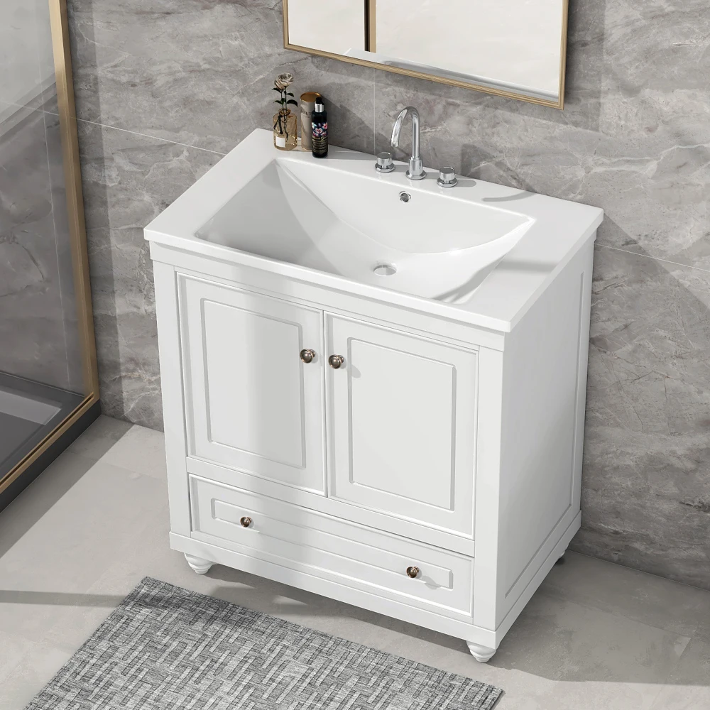 30" Bathroom Vanity with Sink, Combo, Cabinet with Doors and Drawer, Solid Frame and MDF Board, White (Old Sku:JL000006AAK) 3