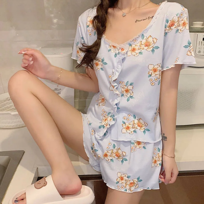 Women Pajama Sets Floral Print Pijama Milky Silk O-Neck Pyjama Female Sleepwear Short Sleeve Top Shorts Suits Homewear Nightwear