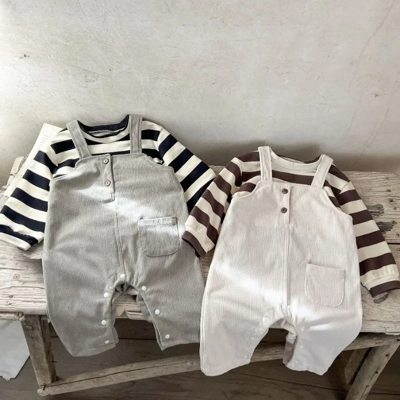 

Spring New Baby Sleeveless Corduroy Jumpsuit Toddler Boy Cute Pocket Overalls Newborn Casual Stripe T-shirts Infant Clothes Sets