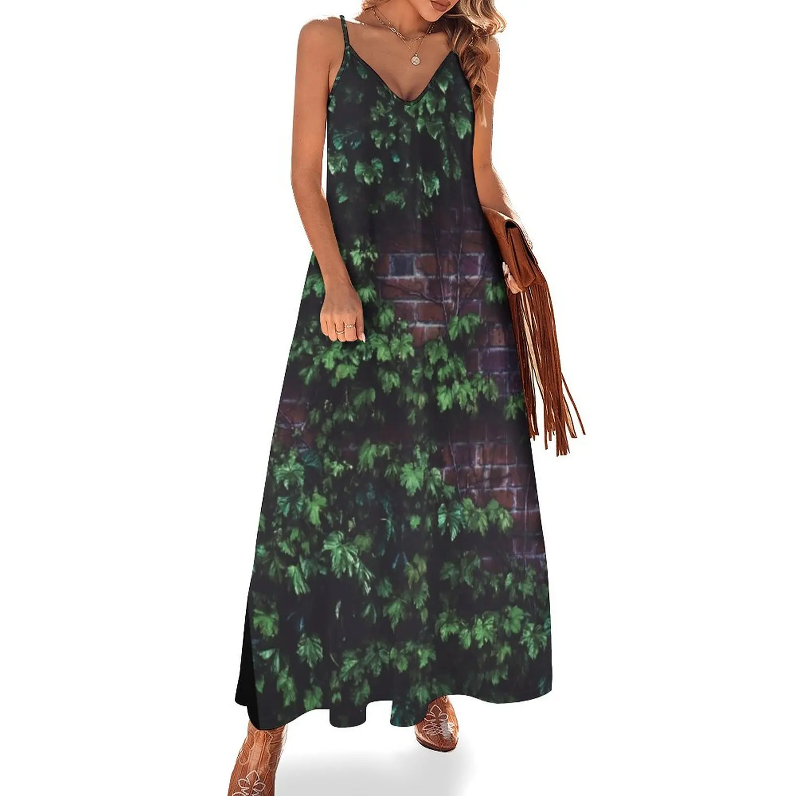 

Texture Brick wall red bricks with climbing green vines and wild plants vintage style urban pattern Sleeveless Dress