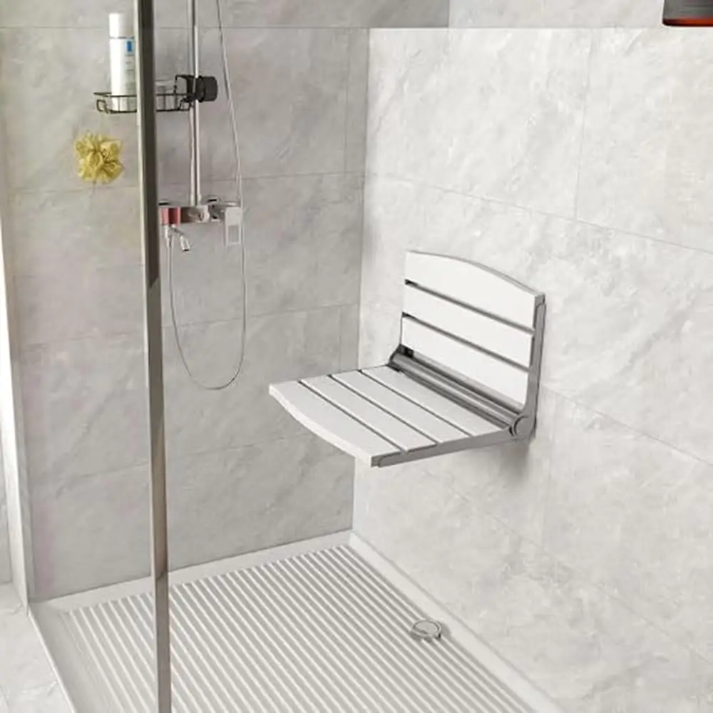 Folding Shower Bench Stainless Steel Frame Wall Mounted Shower Chair Home Space-saving Design Easy Installation Steady and Safe 4
