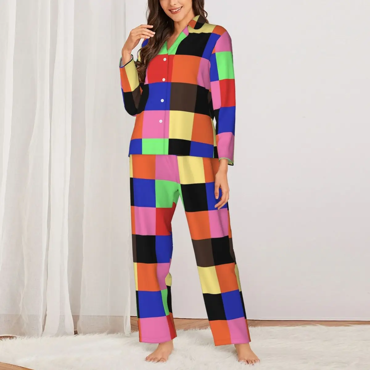 

Женская пижама, разноцветные Лоскутные Повседневные пижамные комплекты из 2 предметов, милый домашний костюм большого размера с длинным рукавом