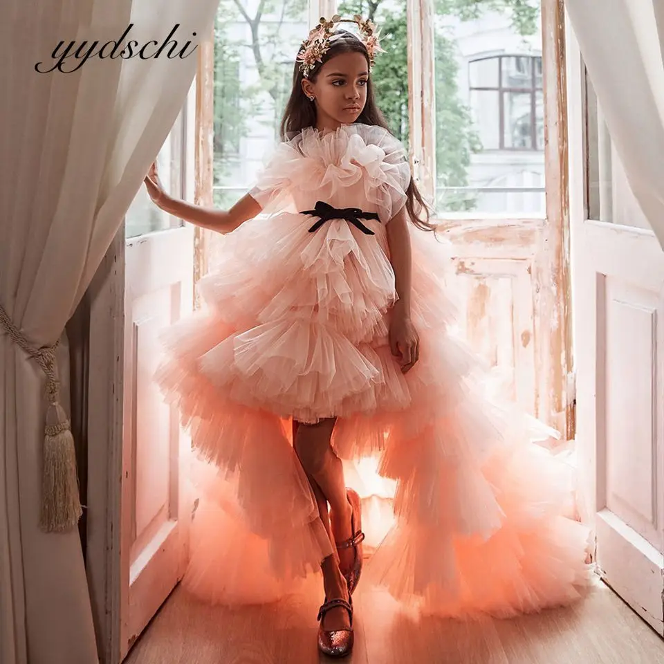 

2023 Flower Girl Dress For Wedding Party Gown High-Low Tulle Kid Birthday Court Train Princess Dresses Elegant Vestidos De Novia