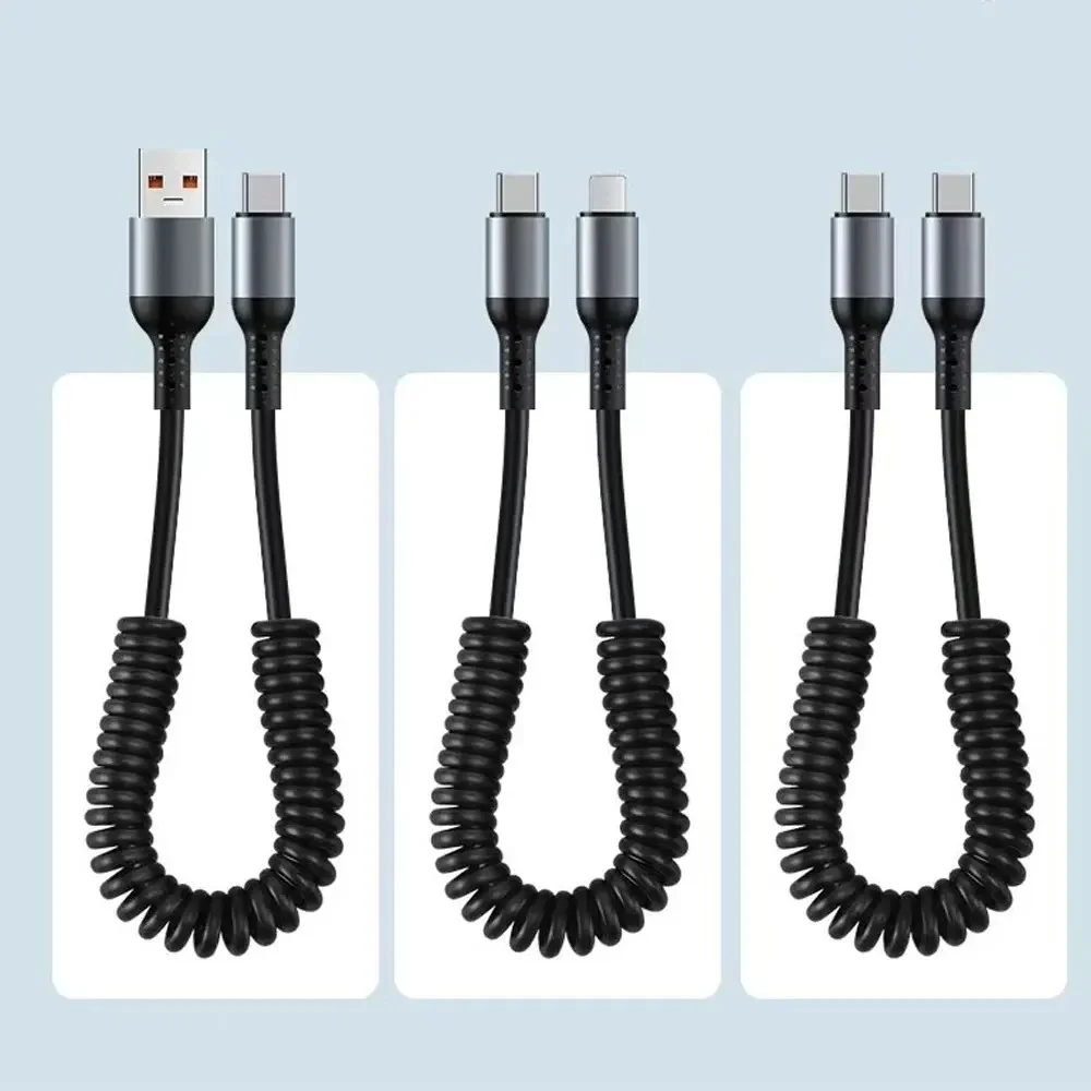 6A 66W USB Type C Cable PD Fast Charging Retractable Spring Data Cord For Unoversal USB Charger USB C Phone Charge Cable