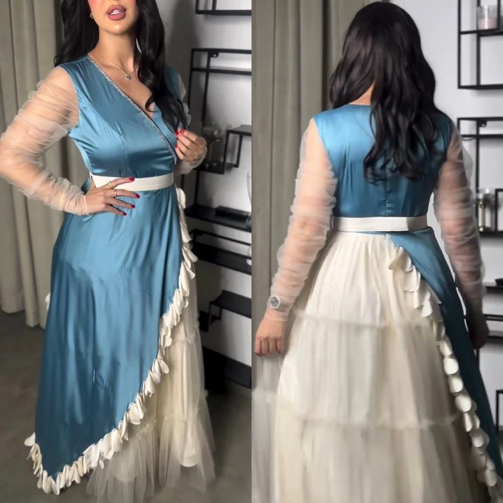 Jiayigong  Satin Draped Sashes Cocktail Party A-line V-Neck Bespoke Occasion Dresses Floor-Length