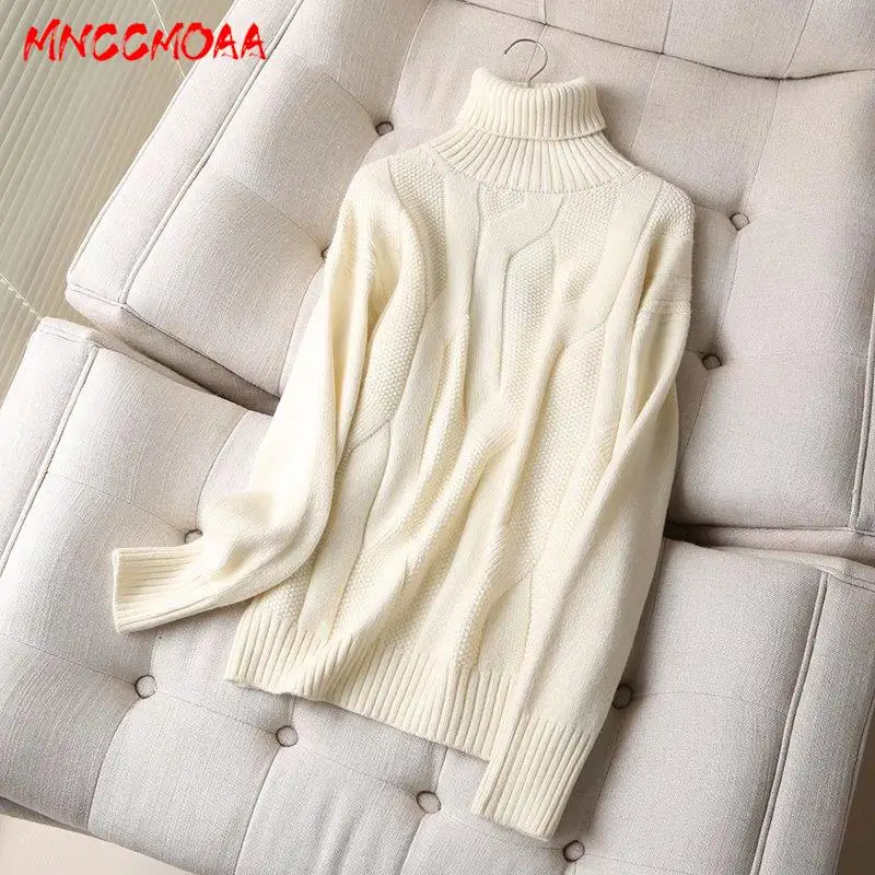 

MNCCMOAA-Women's Turtleneck Knitted Sweater, Loose Pullover, Long Sleeve Tops, Monochromatic, Casual, Fashion Autumn Winter 2024