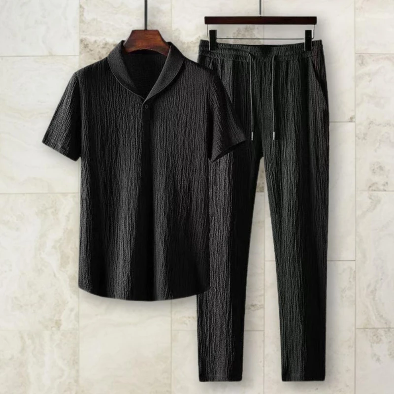 Summer Men's Suit Elastic Waistband Pleated Casua 2Pcs/Set Outfit Men Business Short Sleeve Shirts Long Pants Set Male Clothing kaftan suits for men pleated long sleeved top pants fashion men s set traditional 2pcs outfits clothing gentleman wear wedding