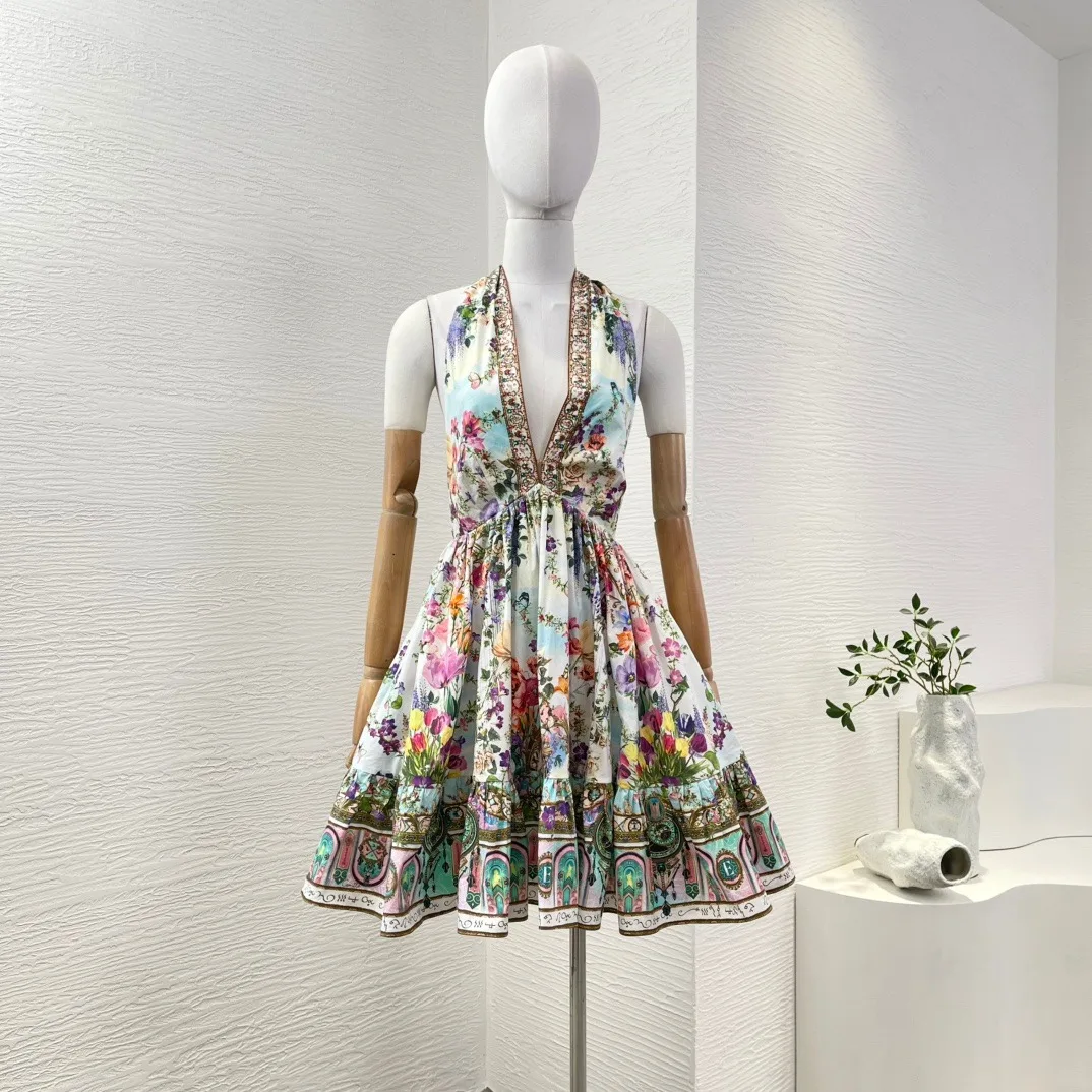 Cotton Sexy Multi Color Floral Print Halter Backless Pleat Ruched Diamonds Mini Dress
