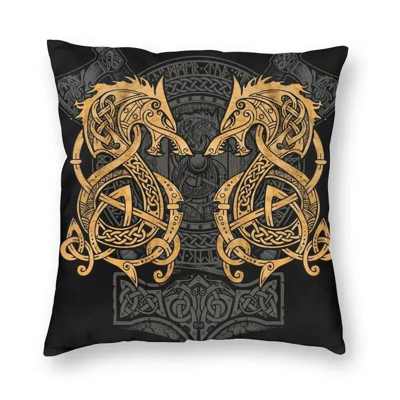 

Soft Fighting Fenrir Gold Throw Pillow Case Home Decor Square Fenrir Viking Rune Cushion Cover Pillowcover for Living Room