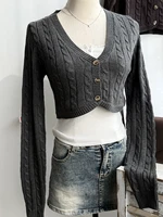 Tricot court à fleurs torsadées pour femmes, en coton, col en v, simple boutonnage, manches longues, Slim, haut court, Vintage Chic, pull Cardigan Y2K 5