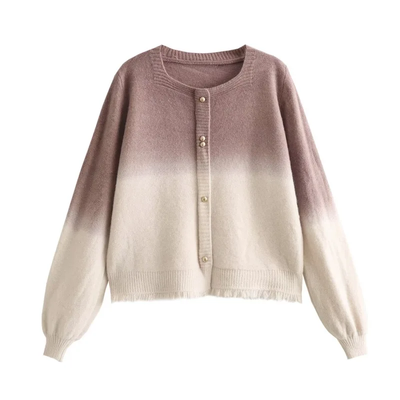 

New Women Gradient Warm Knitted Sweater With Fashionable Round Neck Long Sleeved Soft Sweater Trendy Vacation Street Style