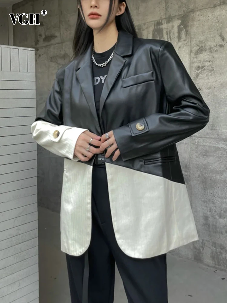

VGH Hit Color Patchwork Button Casual Blazer For Women Notched Collar Long Sleeve Spliced Pocket Minimalist Loose Blazers Female