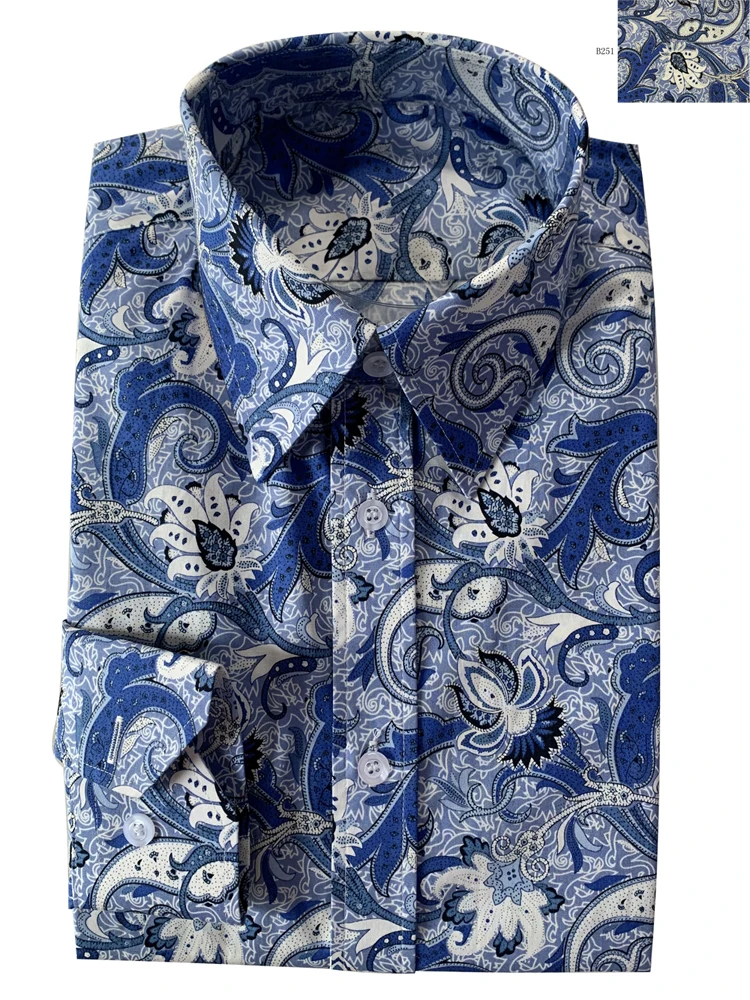 Casual Floral Dress Shirts Custom Made  Long Sleeve Blue White Patterned Dress Shirts, Tailored Flowered Mens Shirts 2020
