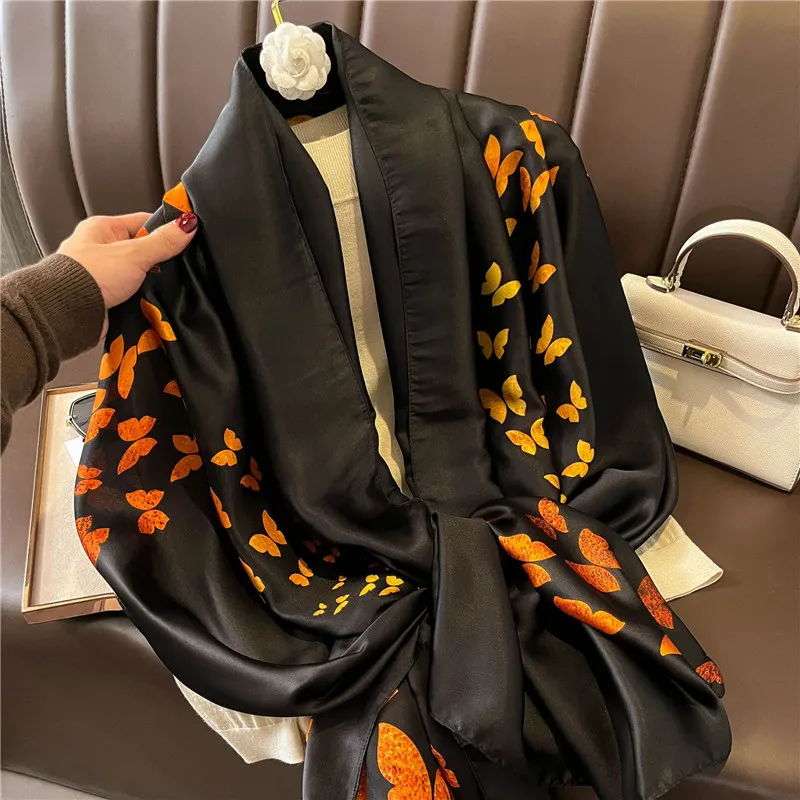 Vintage grüner Lotus druck Seiden schal Frauen eleganter Schal klassischer wind dichter Satin Kopf wickel Reise Strand tuch 180*90cm – Detail 11