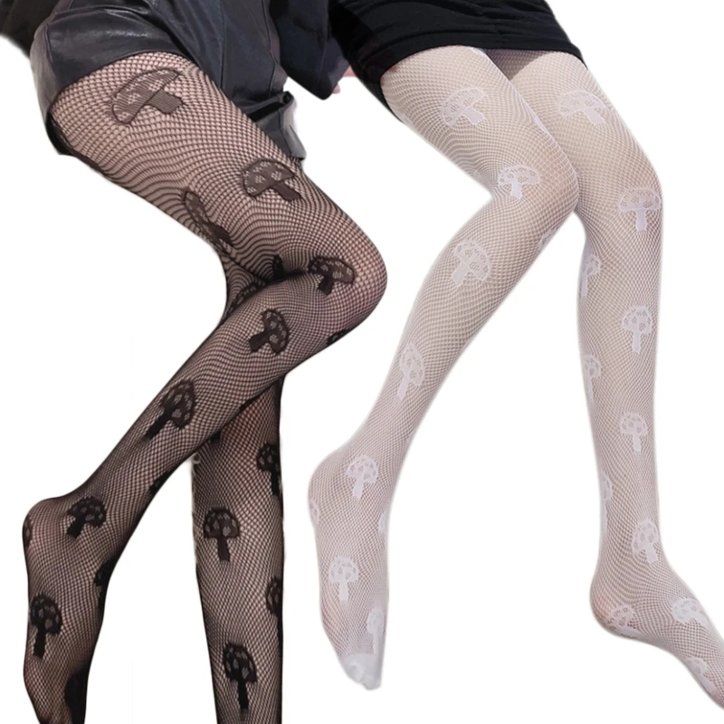 

Women Hollow Out Lace Fishnet Pantyhose Japanese Anime Vintage Mushroom Jacquard Patterned Sheer Mesh Tights Dropshipping