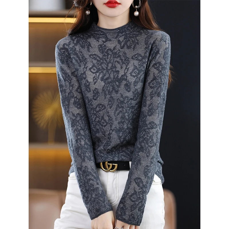 2023 Autumn Lace Knitted Bottom Sweater for Women's Sweater New Half High Neck Top with Small Inner Layer Long Sleeve