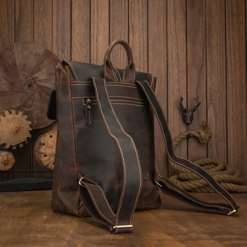 Handmade Crazy Horse Leather Backpack For Men Cowhide Travel Knapsack Retro Laptop bag Vintage Genuine Leather Outdoor Rucksack