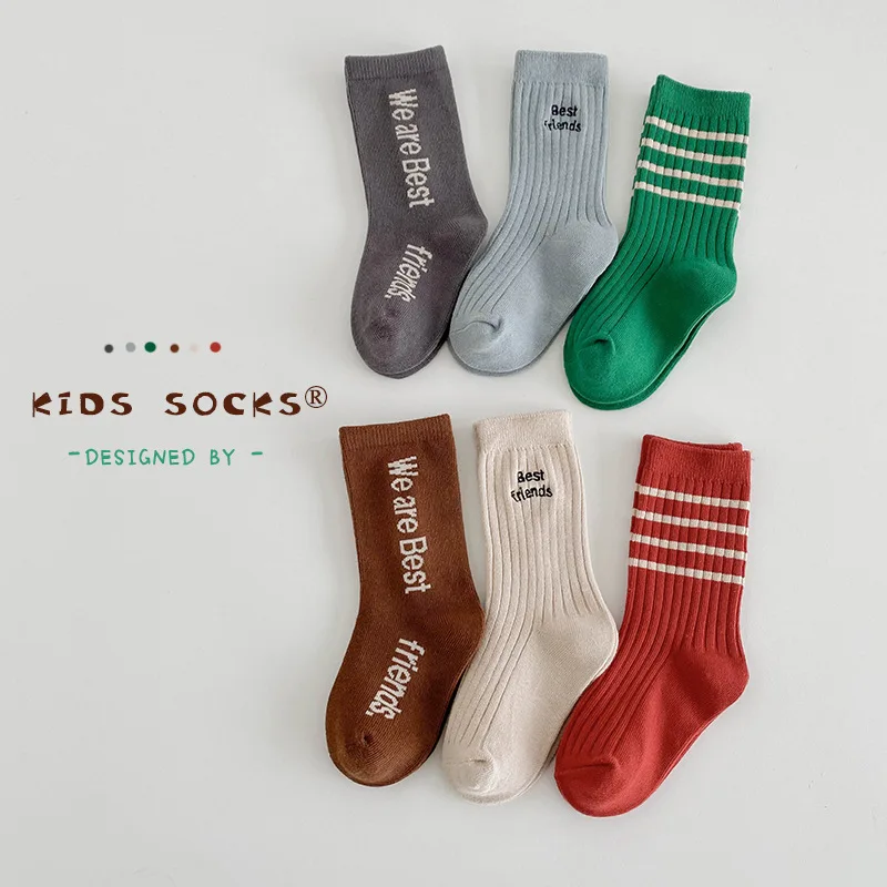 Kids Solid With Striped Socks Children Spring Autumn Cotton Socks Calf Length 3-12 year-old Baby Boys Girls Fashion Sport Sock