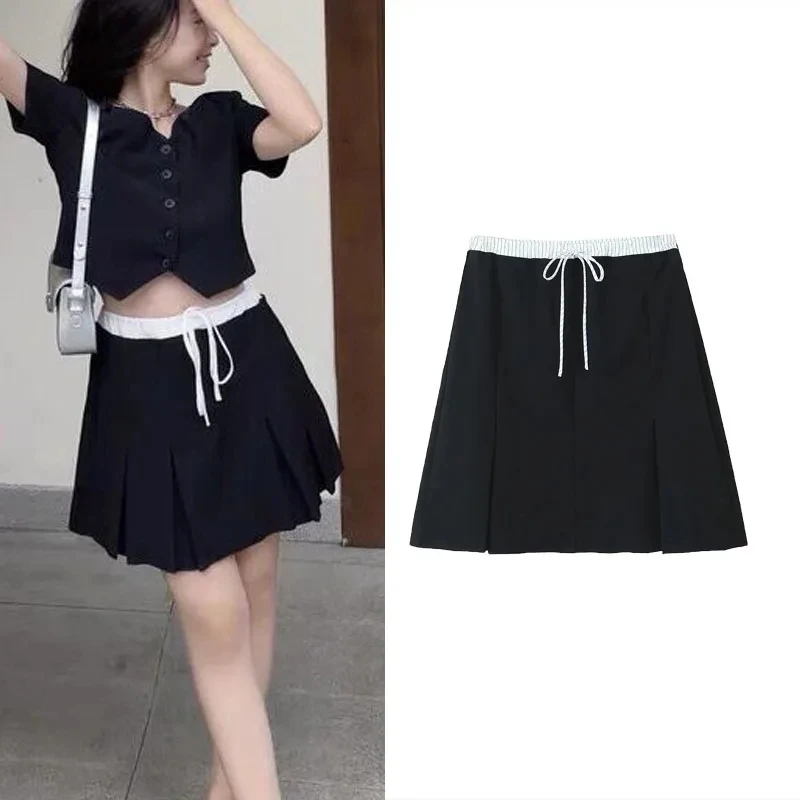 

TRAF Women's Black Midi Skirts Sexy Mid-Waist Aesthetic Skirts Woman Adjustable Elasticated Waist Skirt Female Fashion New Skirt