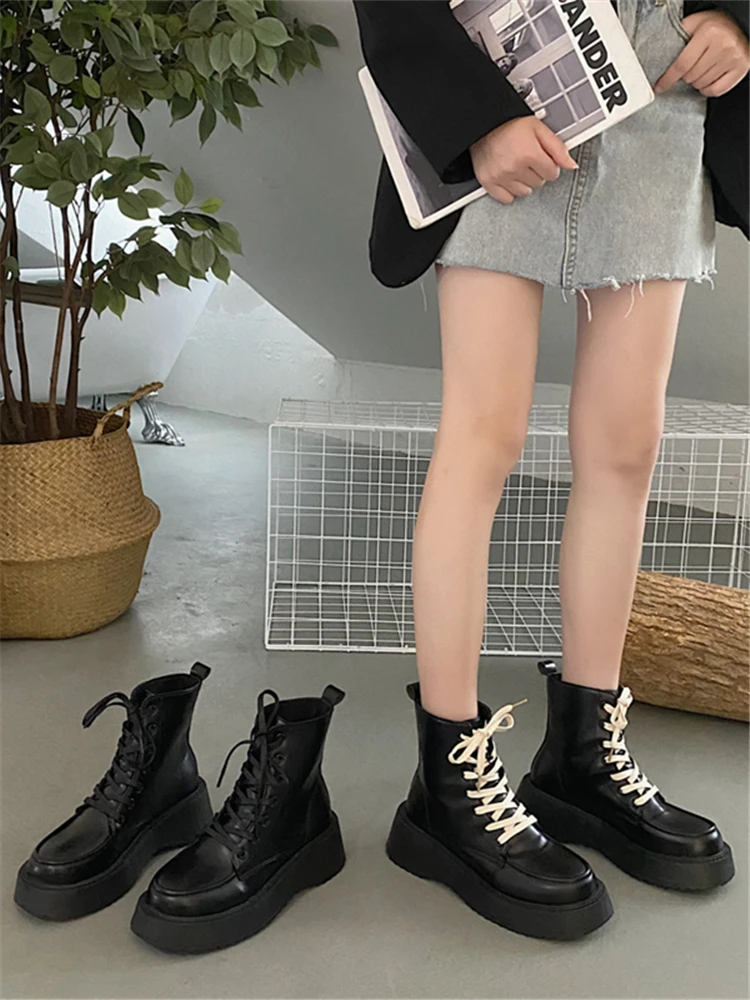 

Riding Boots Women's Rubber Shoes Rain Round Toe Boots-Women Lace Up Ladies Rock 2023 Ankle Autumn Med Lolita Basic Hoof Heels M