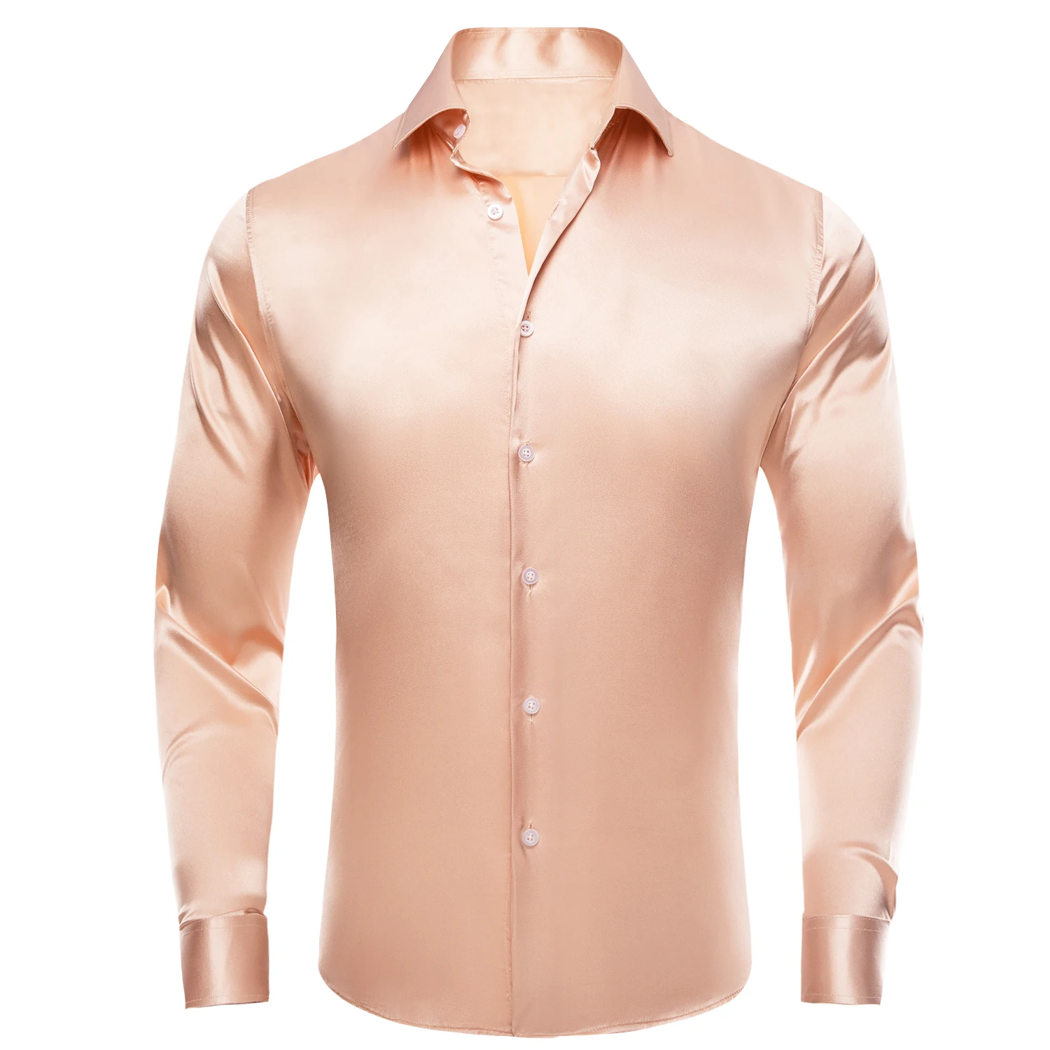 Hi-Tie Salmon Champagne Silk Satin Mens Shirts Lapel Collar Solid Long Sleeve Dress Shirt Soft Blouse for Male Wedding Business nerdy 22ss basic big logo short sleeve t shirt salmon pink