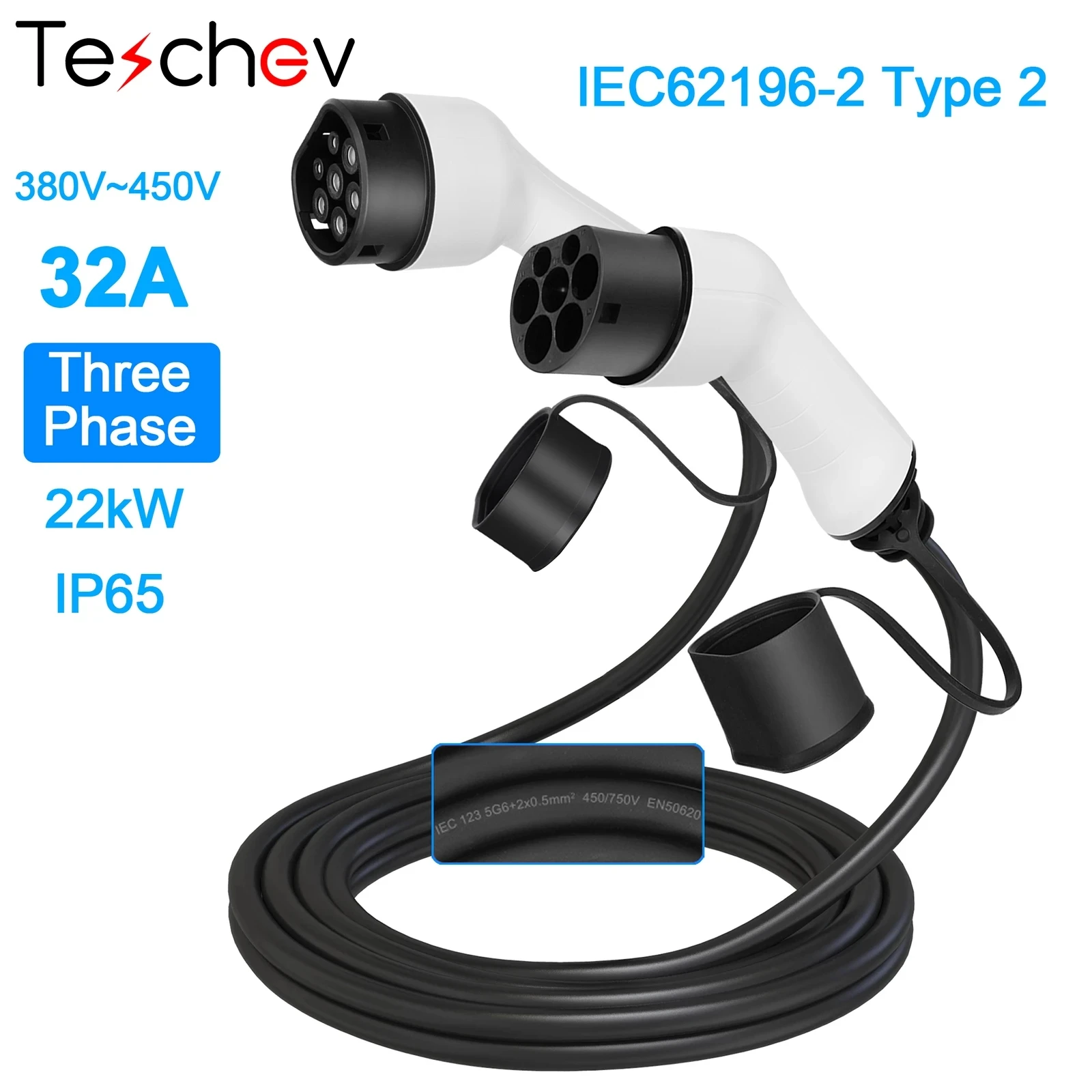 

Teschev IEC 62196-2 Тип 2 EV зарядный кабель, электрическое автомобильное зарядное устройство 32A, трехфазное 22kw 32A EVSE kit кабель EV Type 2 to type 2 5M